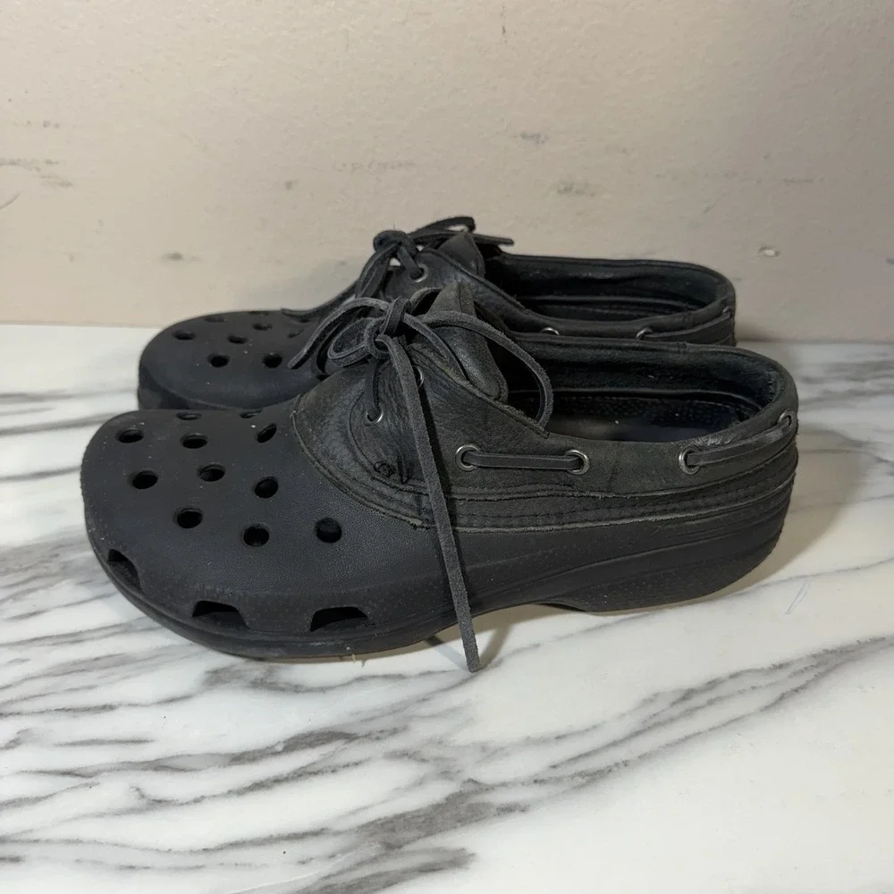 Crocs Islander Pitcrew Sport Boat Shoes Mens 9 Black Leather‎ Upper Lace Up